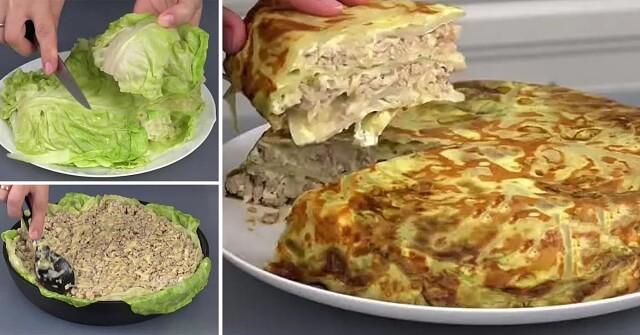 Капуста, запеченная с яйцом, фаршем и картошкой