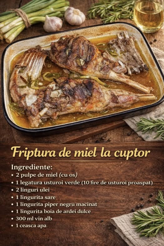 Friptura de miel la cuptor cu vin si usturoi verde. Reteta traditionala pentru masa de Paste.