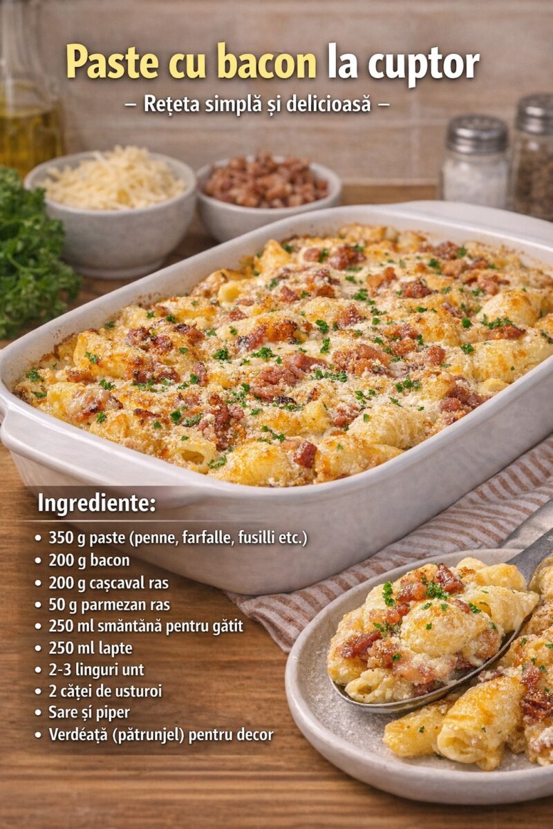 Paste cu bacon la cuptor – Rețetă simplă și delicioasă