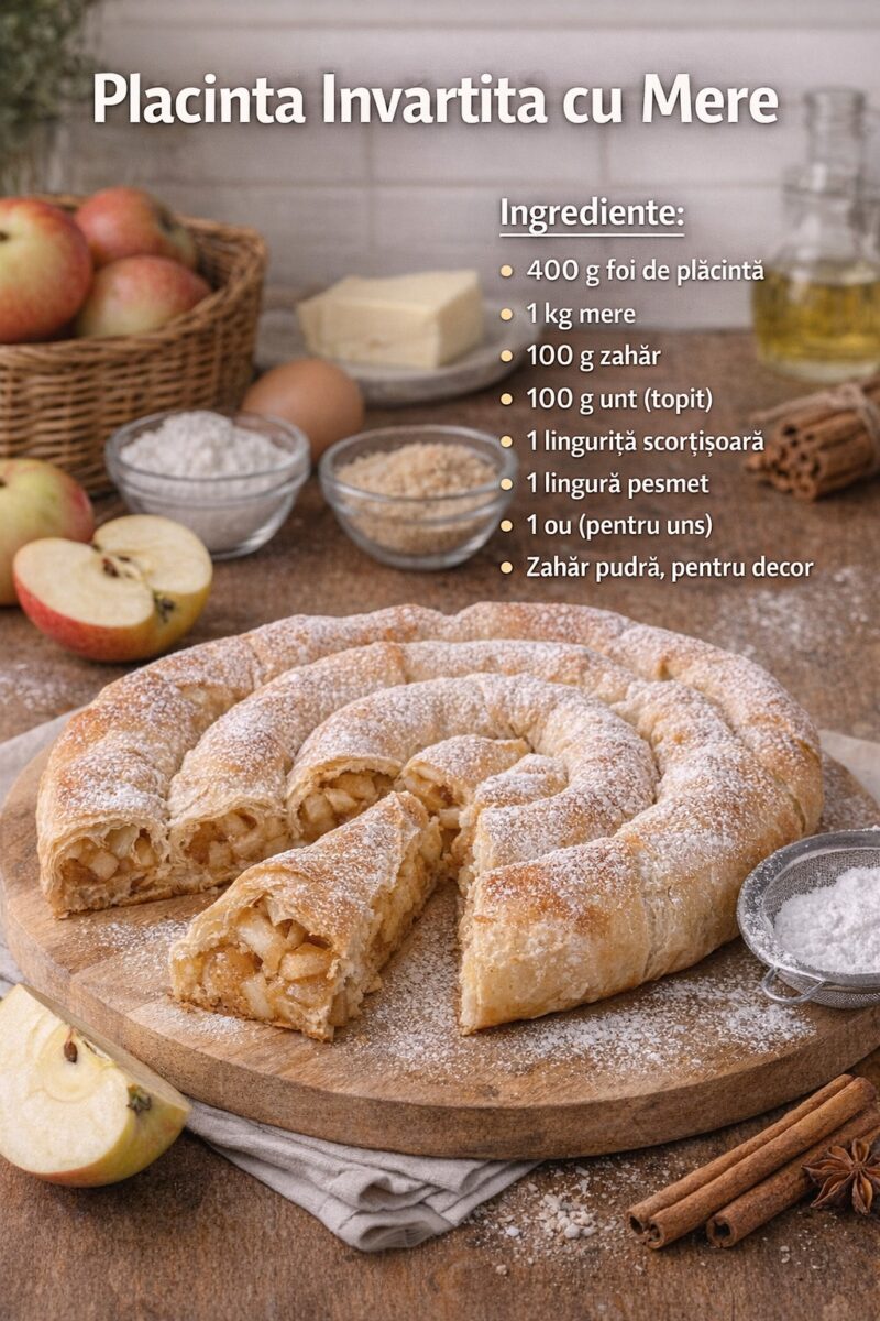 Plăcintă învârtită cu mere – desert tradițional, fraged și plin de aromă