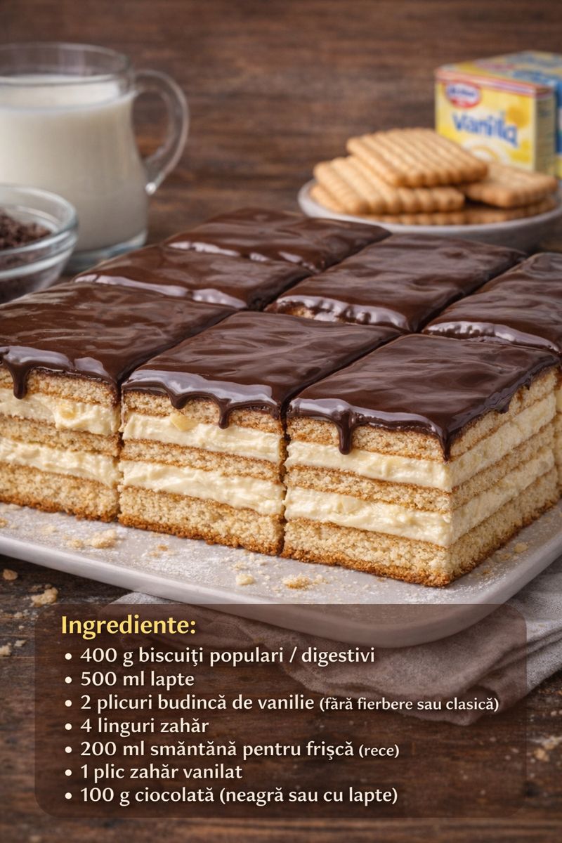 Prăjitură cu biscuiți (fără cuptor) – rapidă, cremoasă și irezistibilă