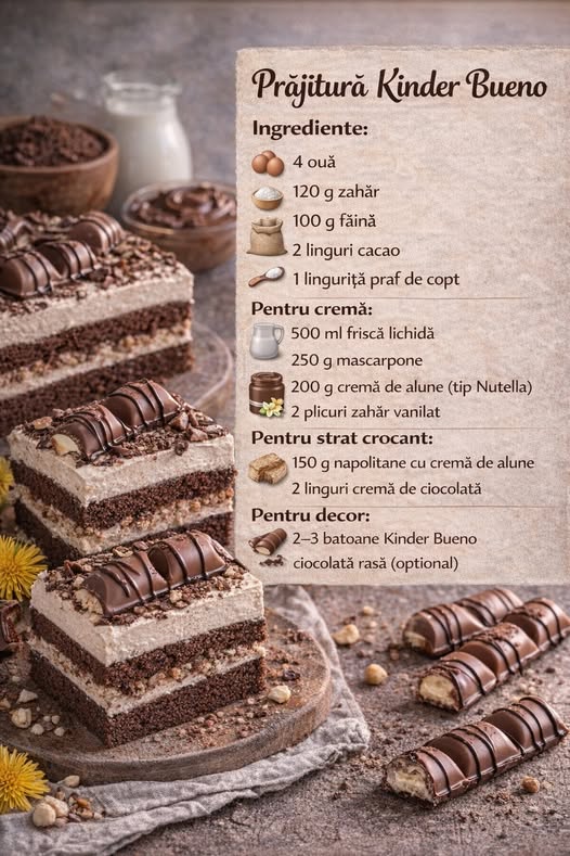 Prăjitură Kinder Bueno – cremoasă, fină și irezistibilă