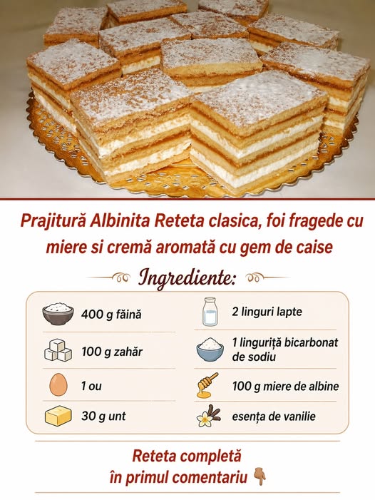 Prăjitură Albinița🐝 – Rețeta clasică, foi fragede cu miere și cremă aromată cu gem de caise