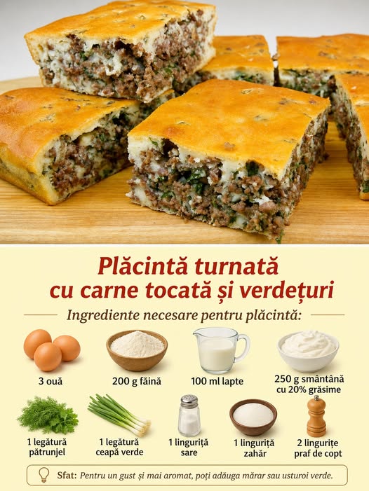 Plăcintă turnată cu carne tocată si verdeturi