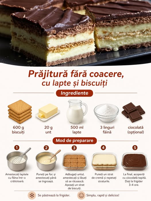 Prăjitură fără coacere, cu lapte și biscuiți