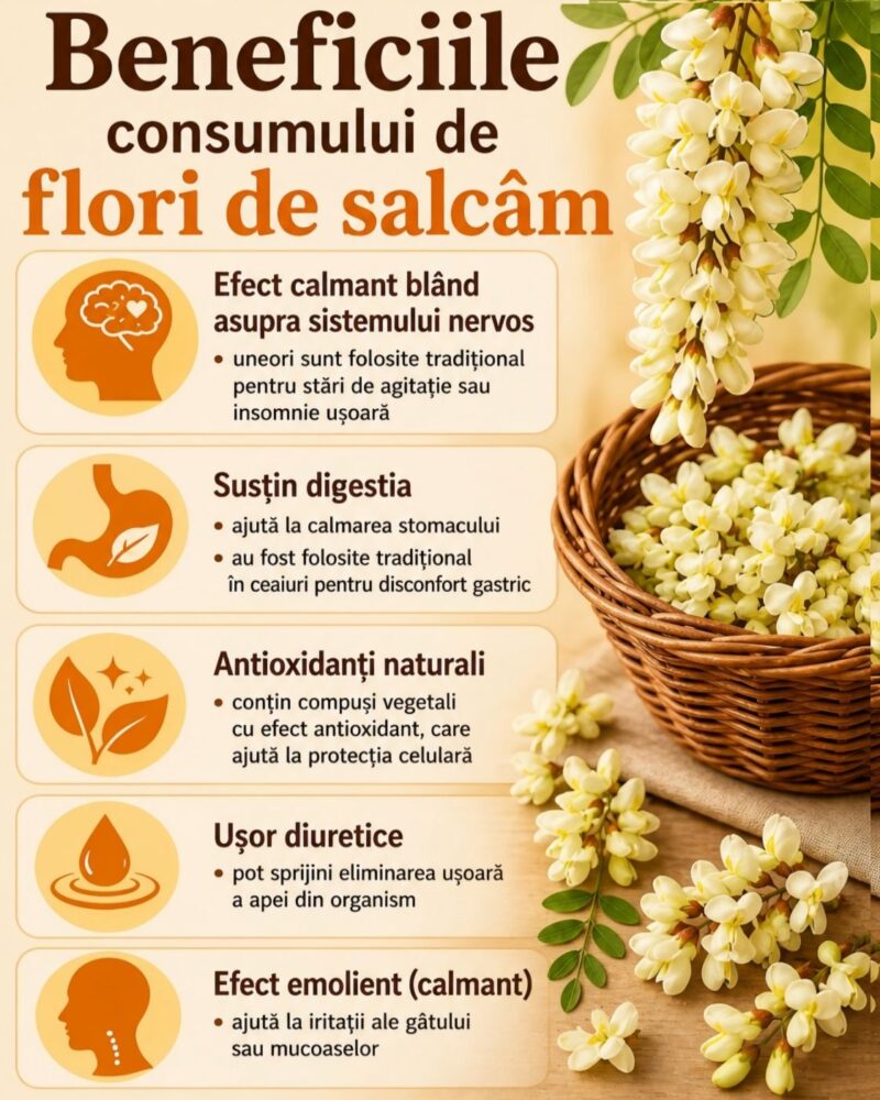 Florile de salcâm sunt unele dintre cele mai parfumate și apreciate flori de primăvară. Dincolo de mirosul lor delicat și aspectul spectaculos, ele au fost folosite de mult timp în remedii naturale și preparate culinare tradiționale. De la ceaiuri calmante până la siropuri aromate, florile de salcâm ascund numeroase beneficii pentru organism.
🌼 1. Calmarea organismului și a sistemului nervos
Florile de salcâm sunt cunoscute pentru efectul lor ușor calmant. Ceaiul din flori de salcâm poate ajuta la:
reducerea stărilor de agitație
relaxarea sistemului nervos
susținerea unui somn mai liniștit
🌿 2. Susținerea digestiei
Infuzia din flori de salcâm este folosită tradițional pentru:
calmarea disconfortului gastric
reducerea acidității ușoare
susținerea digestiei
🍯 3. Efect emolient și calmant pentru gât
Ceaiul sau siropul de salcâm poate ajuta la:
calmarea gâtului iritat
reducerea tusei ușoare
hidratarea căilor respiratorii
💛 4. Bogate în antioxidanți
Florile de salcâm conțin compuși naturali care:
protejează celulele
susțin imunitatea
contribuie la starea generală de bine
🍯 5. Utilizări culinare delicioase
Florile de salcâm sunt folosite și în bucătărie pentru preparate aromate precum:
sirop de salcâm
dulceață sau jeleu
clătite sau deserturi
infuzii și băuturi răcoritoare
🌸 6. Cum se prepară ceaiul de salcâm
se folosesc florile uscate sau proaspete
se adaugă apă fierbinte
se lasă la infuzat 5–10 minute
se poate îndulci cu miere după gust
⚠️ 7. Recomandări importante
se folosesc doar flori de salcâm comestibile (Robinia pseudoacacia)
se consumă în cantități moderate
se culeg din zone curate, departe de poluare
🌿 Concluzie
Florile de salcâm sunt un dar parfumat al naturii, cu beneficii atât pentru corp, cât și pentru stare de bine. Folosite corect, ele pot aduce relaxare, susținere pentru digestie și momente dulci în bucătărie, transformând primăvara într-o experiență aromată și sănătoasă.