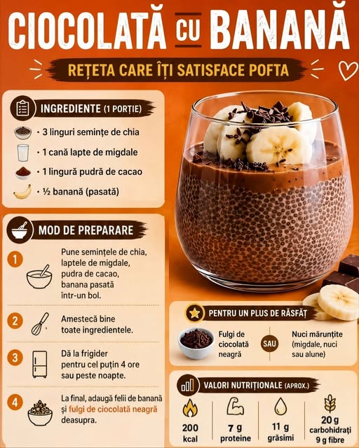 Budincă cremoasă cu semințe de chia, cacao și banană