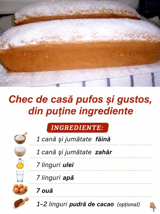 Chec de casă pufos și gustos, din puține ingrediente