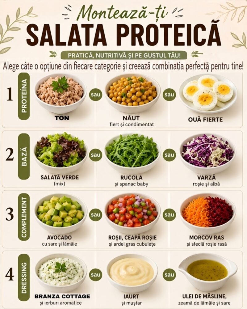 Cum îți construiești un bol echilibrat 🥗
Ideea este simplă: alegi câte un aliment din fiecare categorie și creezi combinația care îți place cel mai mult.