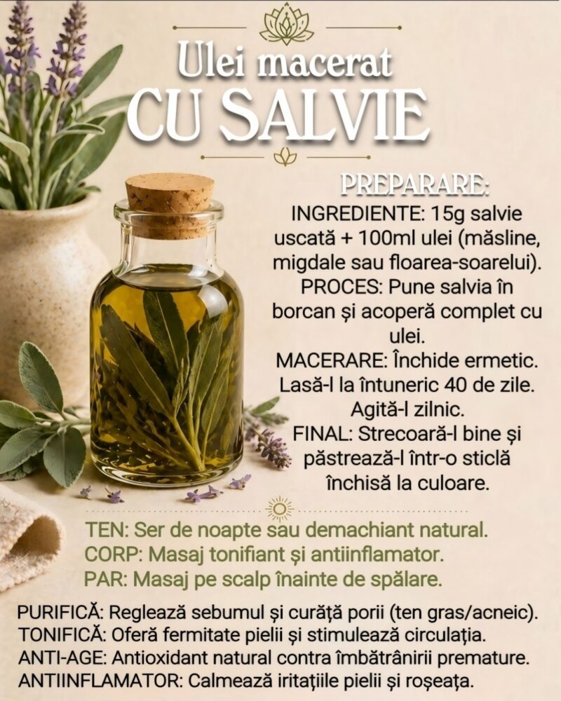 Descoperă secretul unui ten echilibrat cu acest ulei macerat cu salvie, pregătit artizanal.