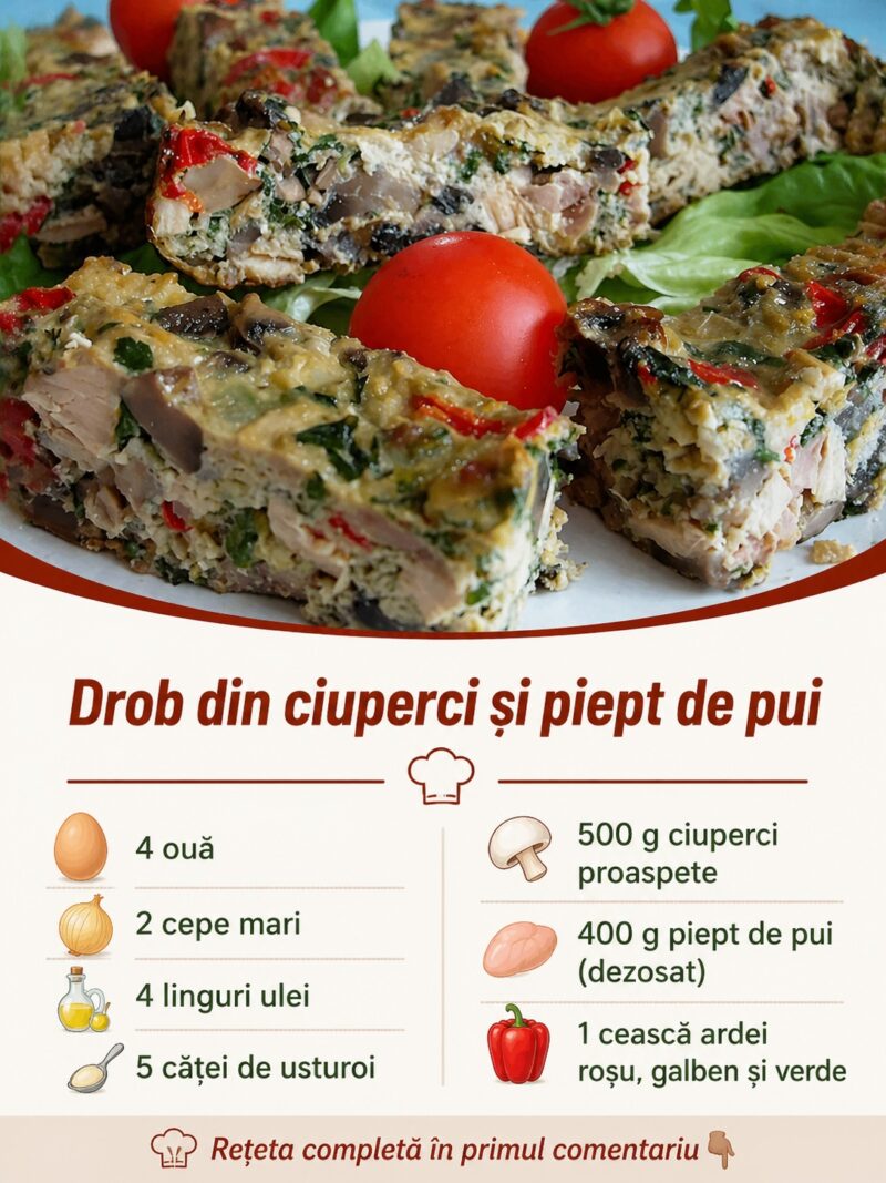 Drob din ciuperci și piept de pui – Se prepară din 4 ouă, 2 cepe mari, 4 linguri de ulei, 5 căței de usturoi, 500g ciuperci, 400g piept de pui și…