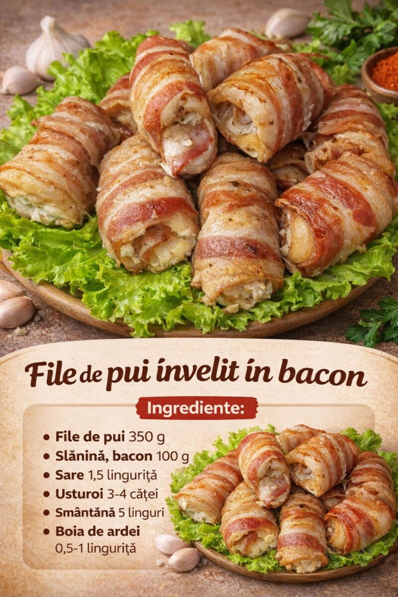 File de pui invelit in bacon- Una dintre retetele preferate ale familiei