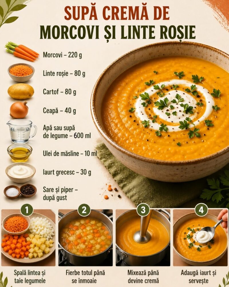 O supă cremă delicioasă și hrănitoare din morcovi și linte roșie, perfectă pentru o masă caldă și sănătoasă.