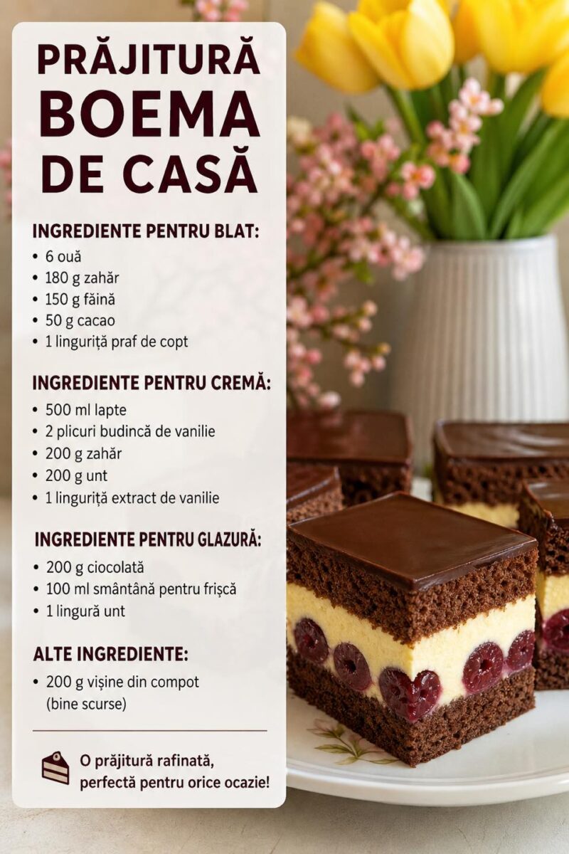 Prăjitură Boema de casă – desert clasic, delicios și ușor de făcut!
Dacă vrei un desert cremos, cu blat pufos și glazură de ciocolată, încearcă această rețetă simplă de Boema