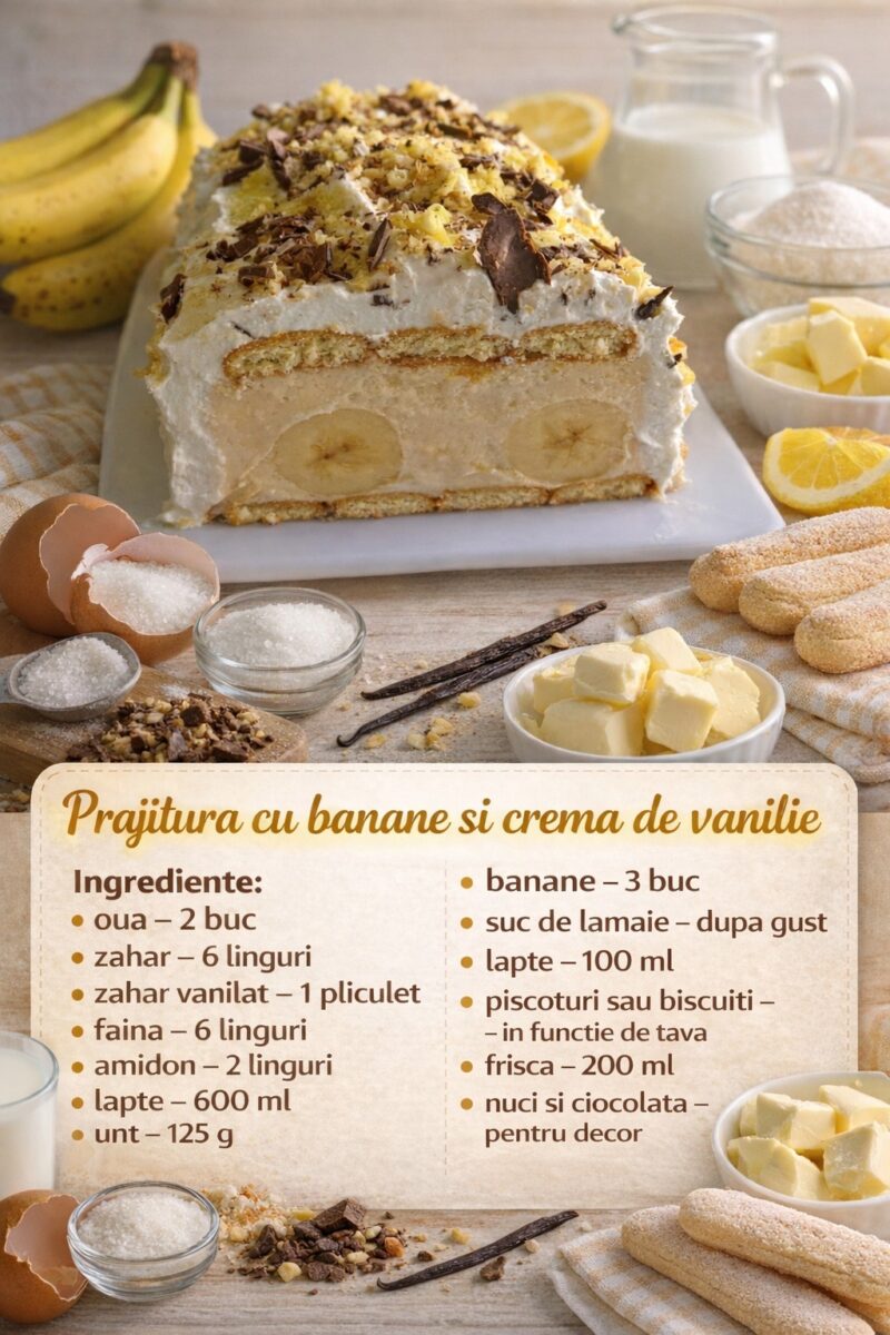 Prajitura cu banane si crema de vanilie- Nu are nevoie de coacere si ingredientele se gasesc usor
