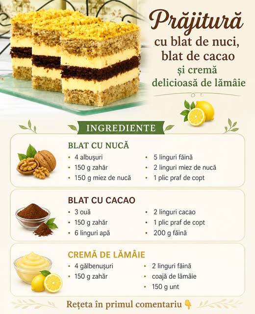 Prăjitură cu blat de nuci, blat de cacao
și cremă delicioasă de lămâie