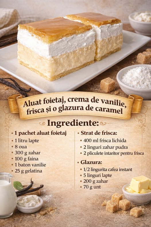 Prajitura cu blat din aluat foietaj, crema de vanilie si frisca si o glazura de caramel- Combinatia care trebuie incercata