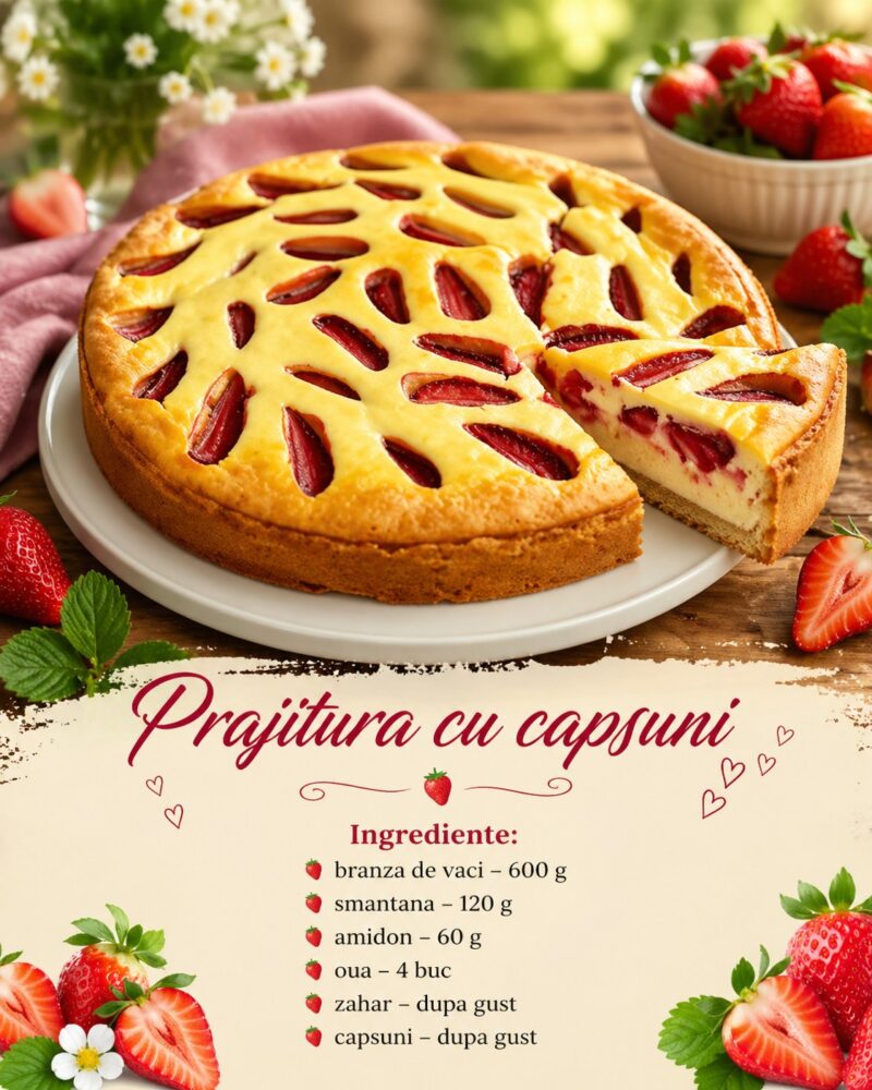 Prajitura cu branza si capsuni – simpla, cremoasa si plina de fructe