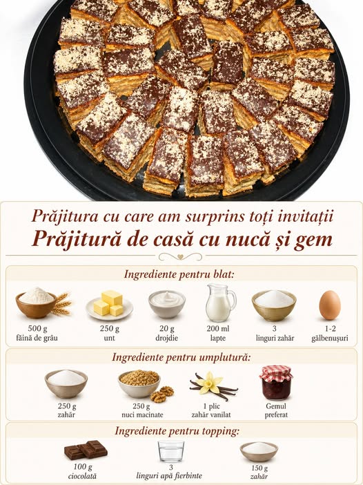 Prăjitura cu care am surprins toți invitații
Prăjitură de casă cu nucă și gem