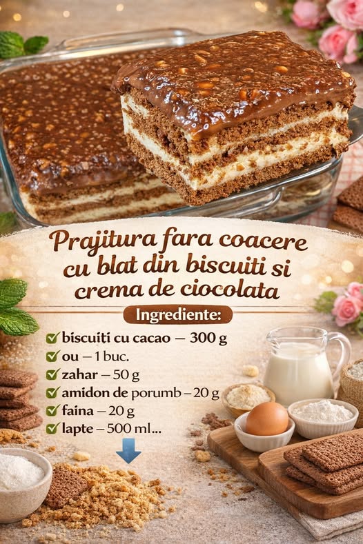 Prajitura fara coacere cu blat din biscuiti si crema de ciocolata- Delicioasa si usor de preparat