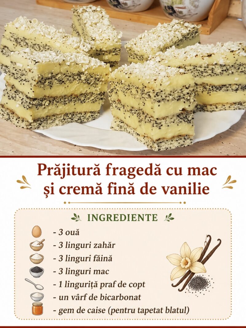 Prăjitură fragedă cu mac și cremă fină de vanilie 