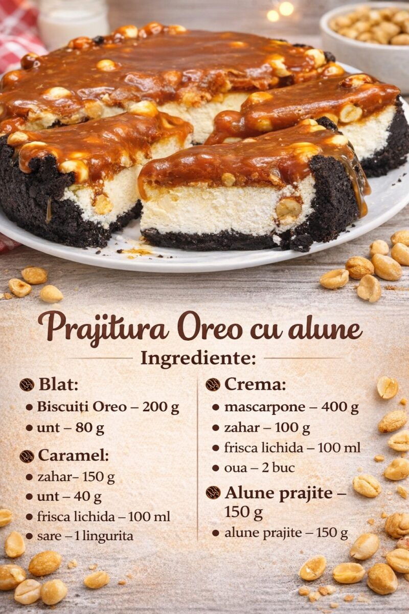 Prajitura Oreo cu alune si topping de caramel- Crema de branza ii da un gust si mai bun