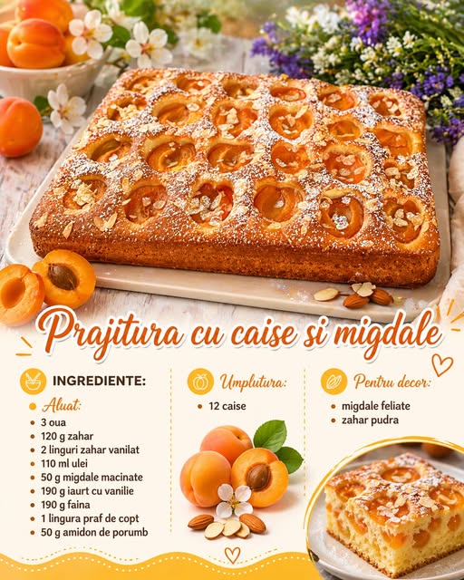 Prajitura pufoasa cu caise si migdale – aromata si super frageda