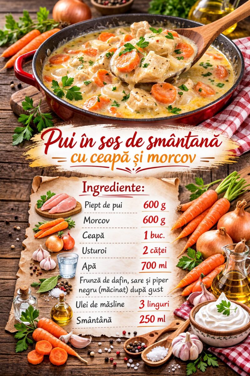 Pui in sos de smantana cu ceapa si morcov- Delicios, pranzul sau cina pentru toata familia
