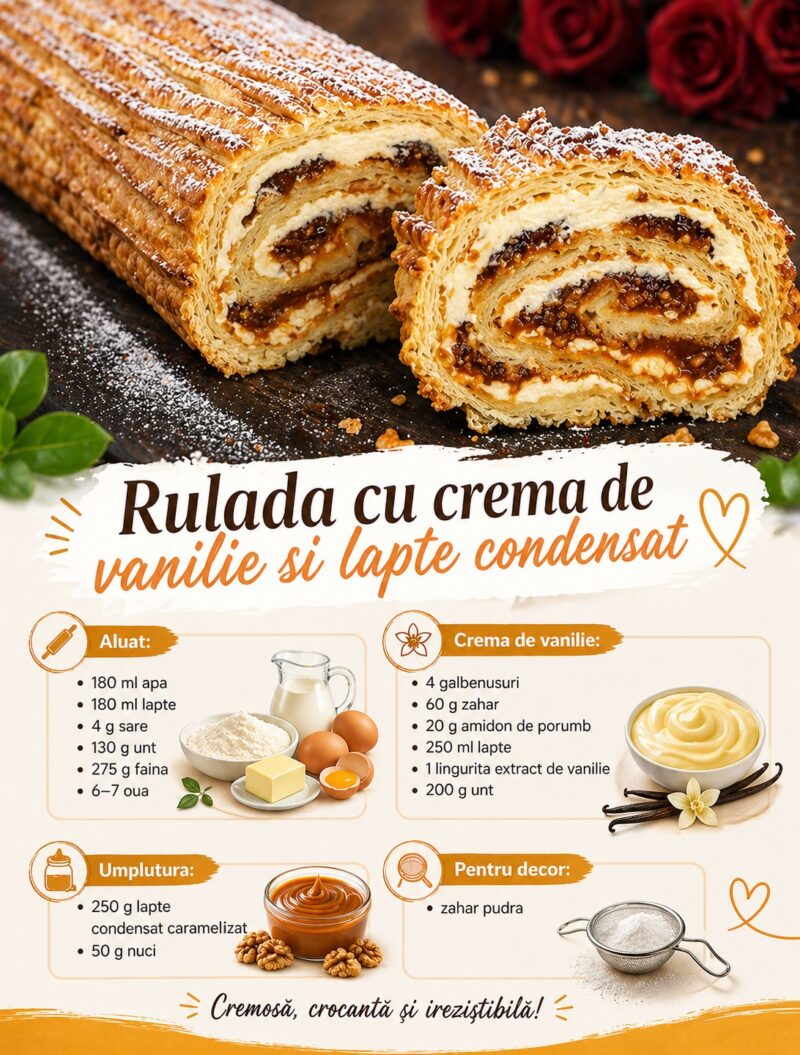 Rulada cu crema de vanilie si lapte condensat – fina si spectaculoasa
