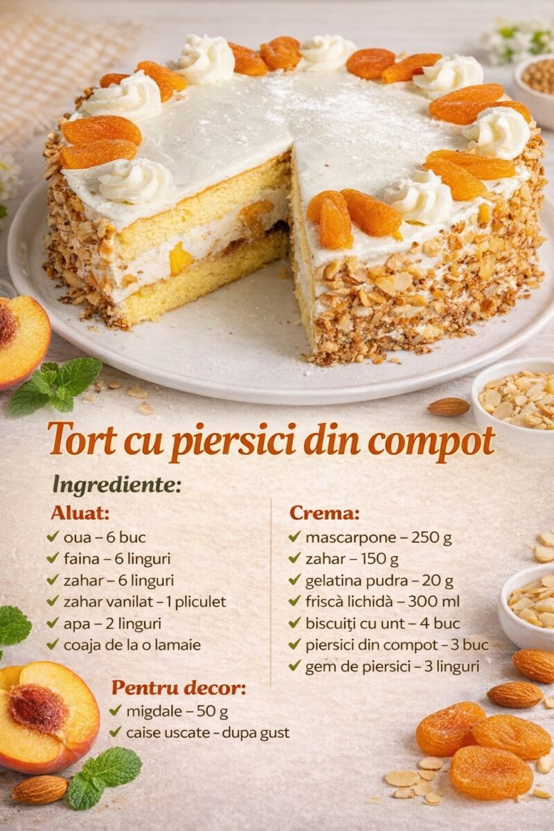 Tort de casa cu piersici din compot si crema fina.