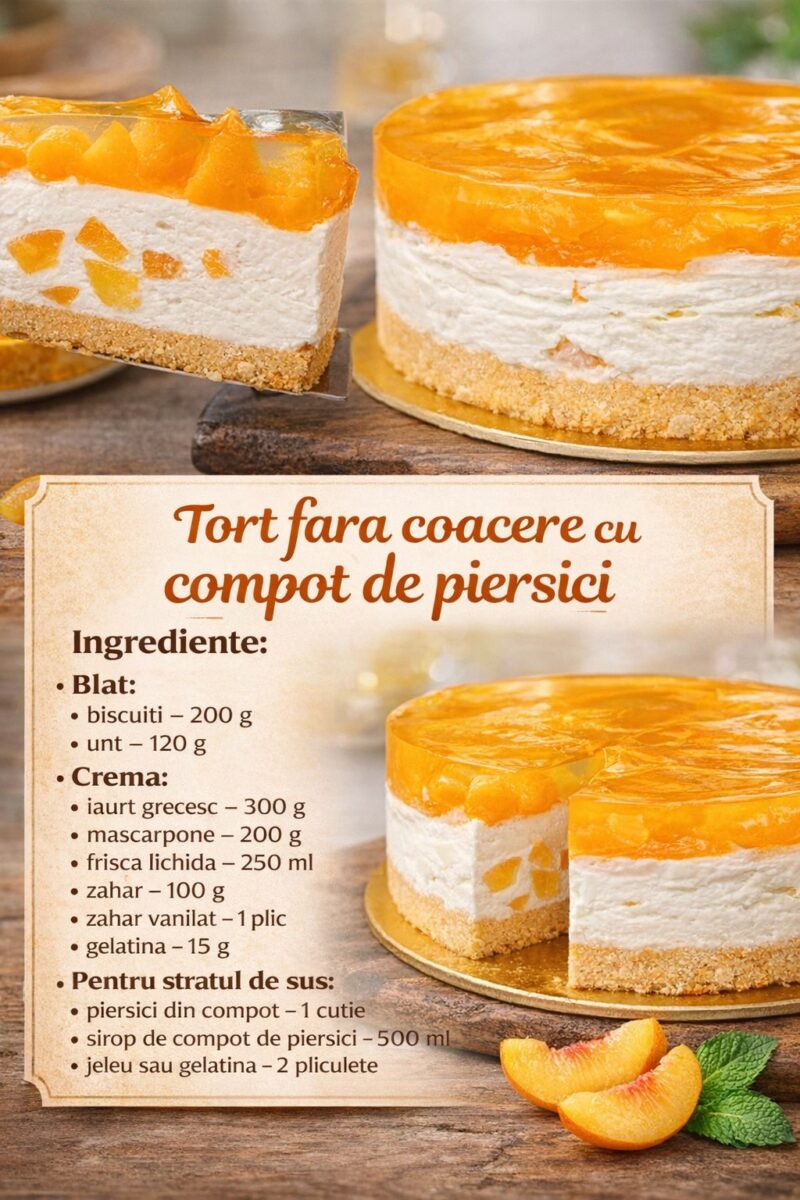 Tort fara coacere cu compot de piersici- Are un gust interesant, dar si siguranta unei preparari usoare