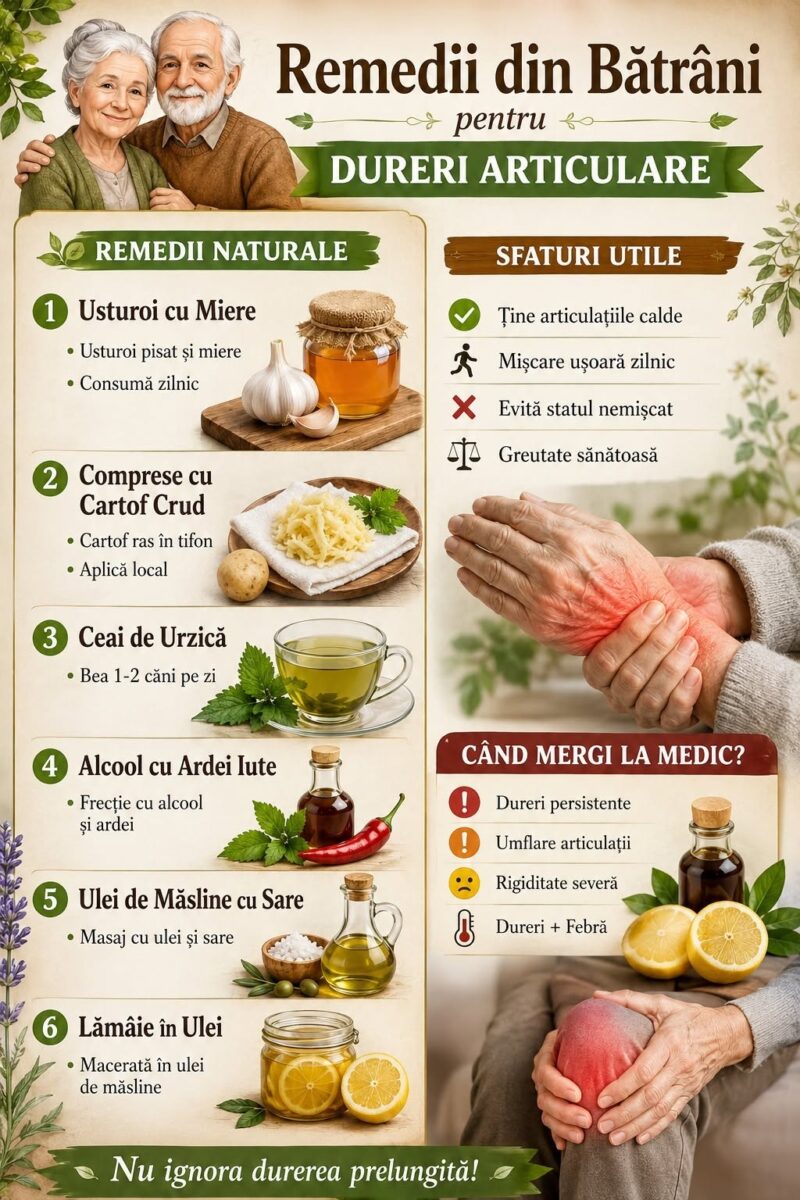 🌿 Durerile articulare îți dau bătăi de cap?
Bătrânii foloseau remedii simple și naturale care sunt apreciate și astăzi 👌
🧄 Usturoi cu miere
🥔 Comprese cu cartof crud
🍵 Ceaiuri naturale
🌿 Uleiuri și masaje pentru articulații
✨ Descoperă cele mai populare sfaturi pentru articulații mai sănătoase și mai mobile!