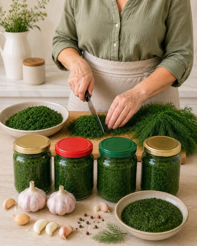 Mărar și usturoi la borcan — iarna acest sos dispare primul! O rețetă simplă pentru o conservă aromată