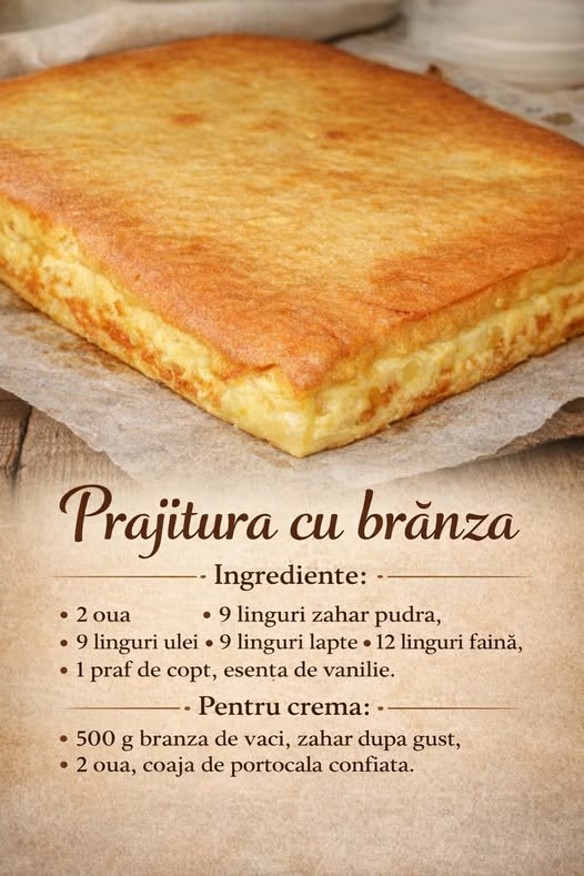 Prajitura turnata cu branza. Se face din 2 oua, 9 linguri de zahar pudra, 9 linguri de ulei, 9 linguri de lapte…