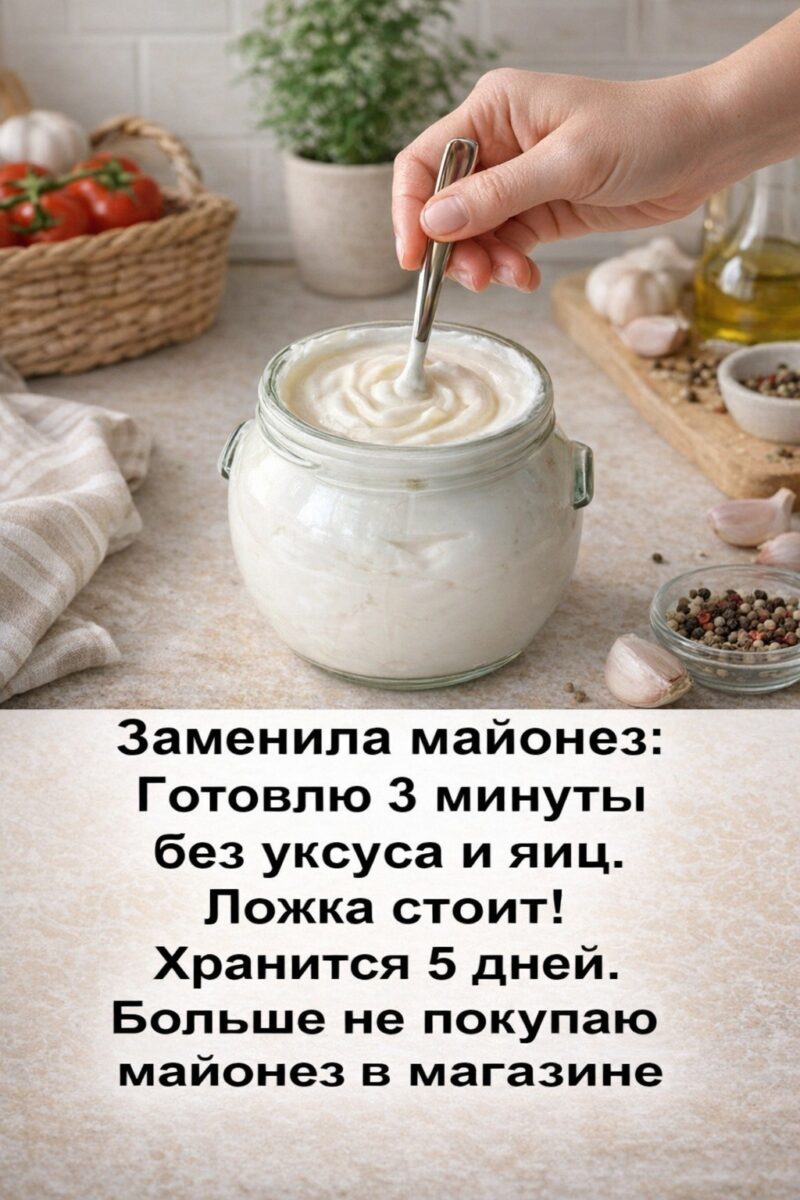 Заменила майонез: Готовлю 3 минуты без уксуса и яиц. Ложка стоит! Хранится 5 дней. Больше не покупаю майонез в магазине.