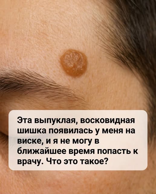 На виске появилось выпуклое новообразование с восковым блеском, а попасть на прием к врачу в ближайшее время не получится. Что это может быть?